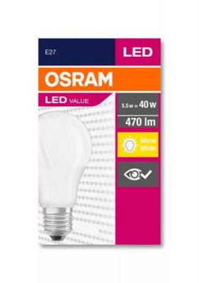 LED izzó, E27, gömb, A60, 5W, 470lm, 2700K (MF), OSRAM "Value"